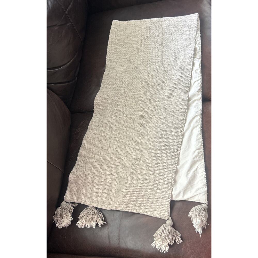 Farmhouse Table Runner, Natural Cotton 15x64, Tassel Decor, Taupe Ivory Boho